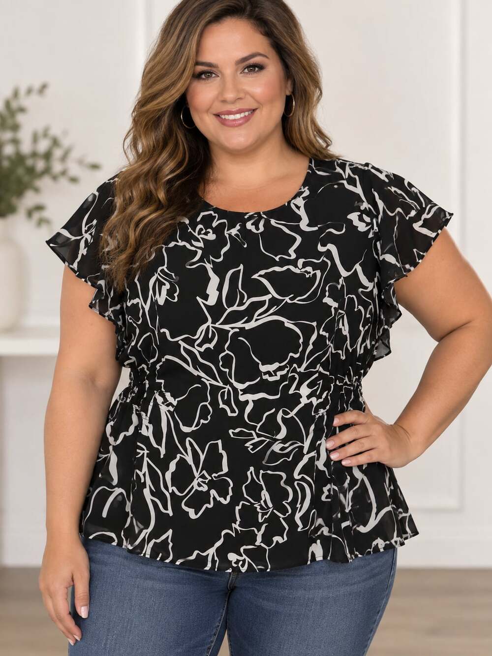 Nine West Blouse Size XXL Black White Floral Flutter Sleeve Peplum Top